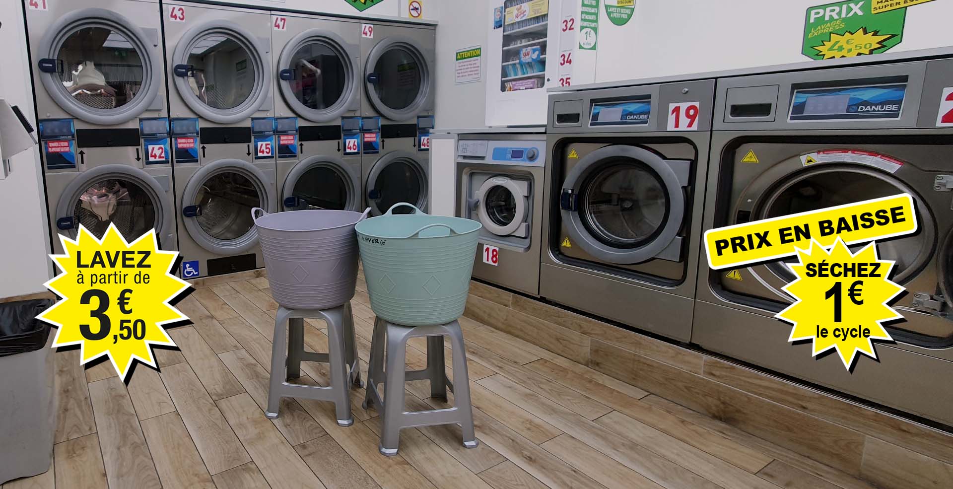 Laverie automatique 21 rue Pouchet Paris, machine 6 à 20kg et séchage grande capacité 20kg